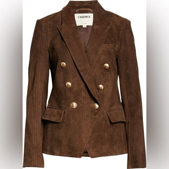 L'AGENCE $1595 Kenzie Double Breasted Leather Blazer in brown suede - Picture 8 of 15